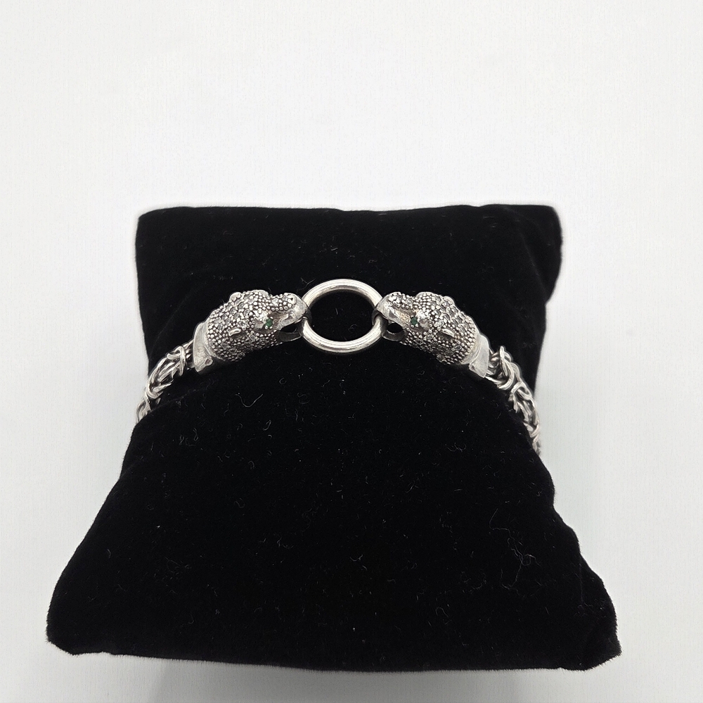 925 Sterling Silver Double Panther Head CZ Byzantine Bracelet Green Eyes